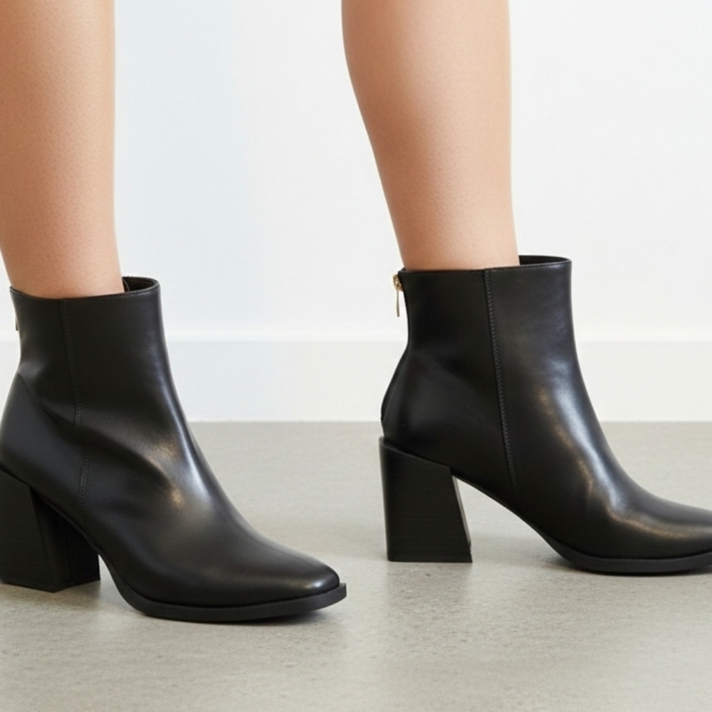 Black leather block heeled ankle boots